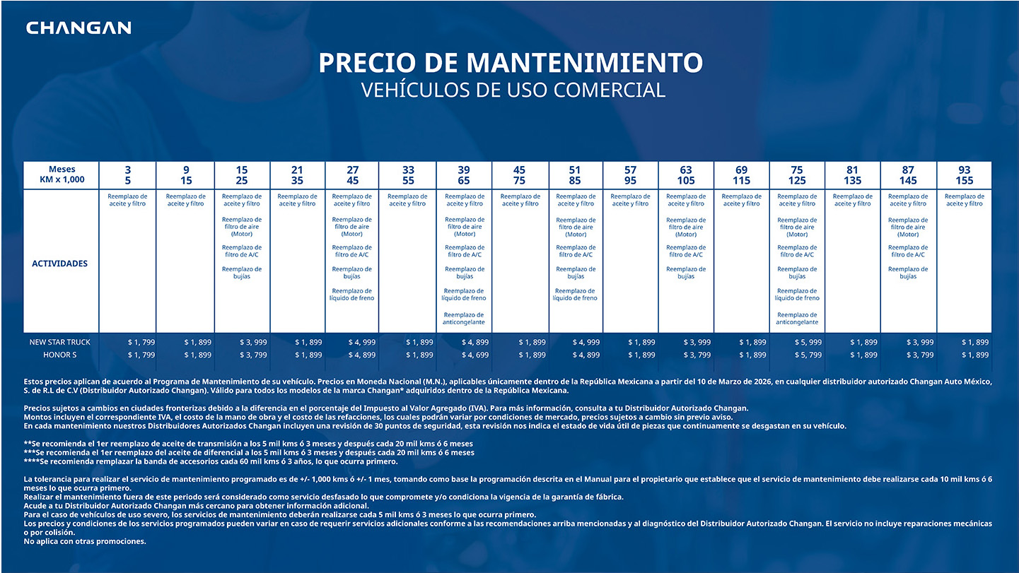 Tabla de precios de mantenimiento — vehículos de uso comercial